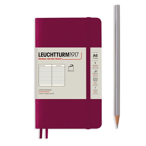 Notizbuch Pocket (A6), Softcover, 123 nummerierte Seiten, Port Red, Liniert