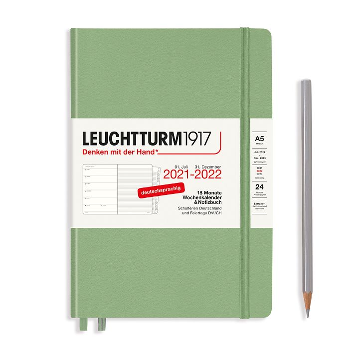 Wochenkalender & Notizbuch Medium (A5) 2022, mit Extraheft, 18 Monate, Salbei, Deutsch