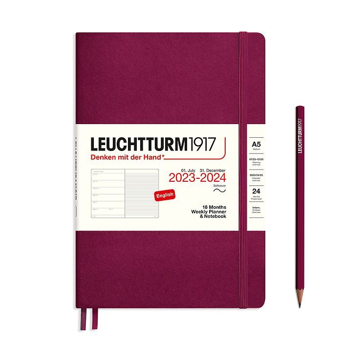 Wochenk. & Notizbuch Medium (A5) 2024, 18 Monate, Softcover, Port Red, Englisch