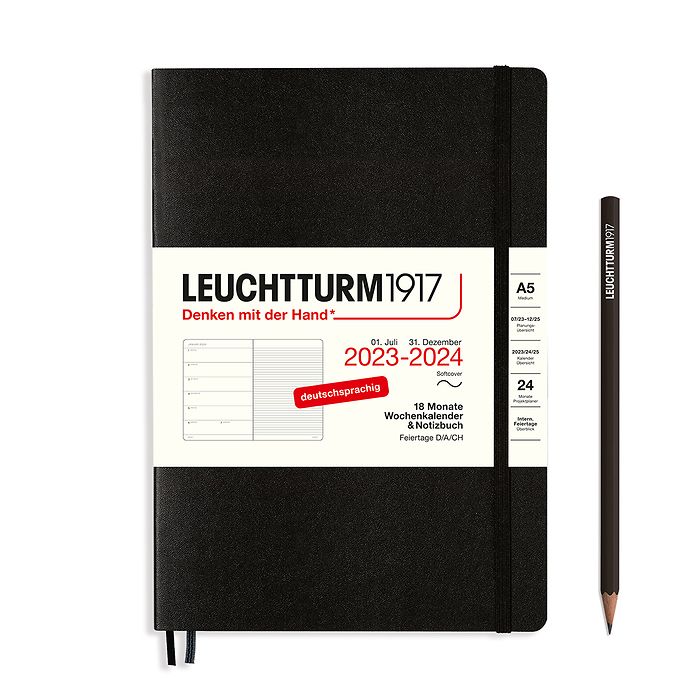 Wochenk. & Notizbuch Medium (A5) 2024, 18 Monate, Softcover, Schwarz, Deutsch
