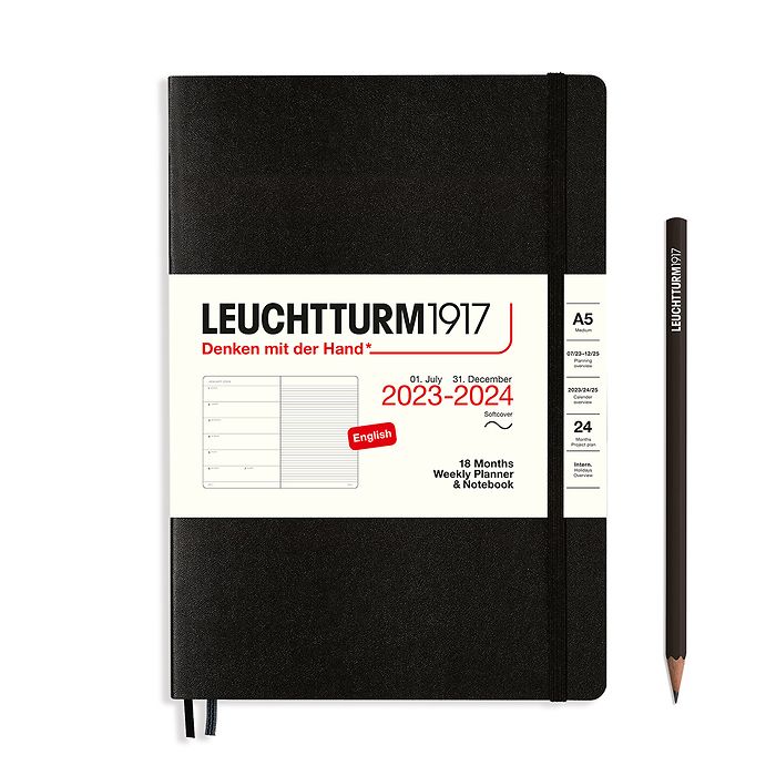Wochenk. & Notizbuch Medium (A5) 2024, 18 Monate, Softcover, Schwarz, Englisch